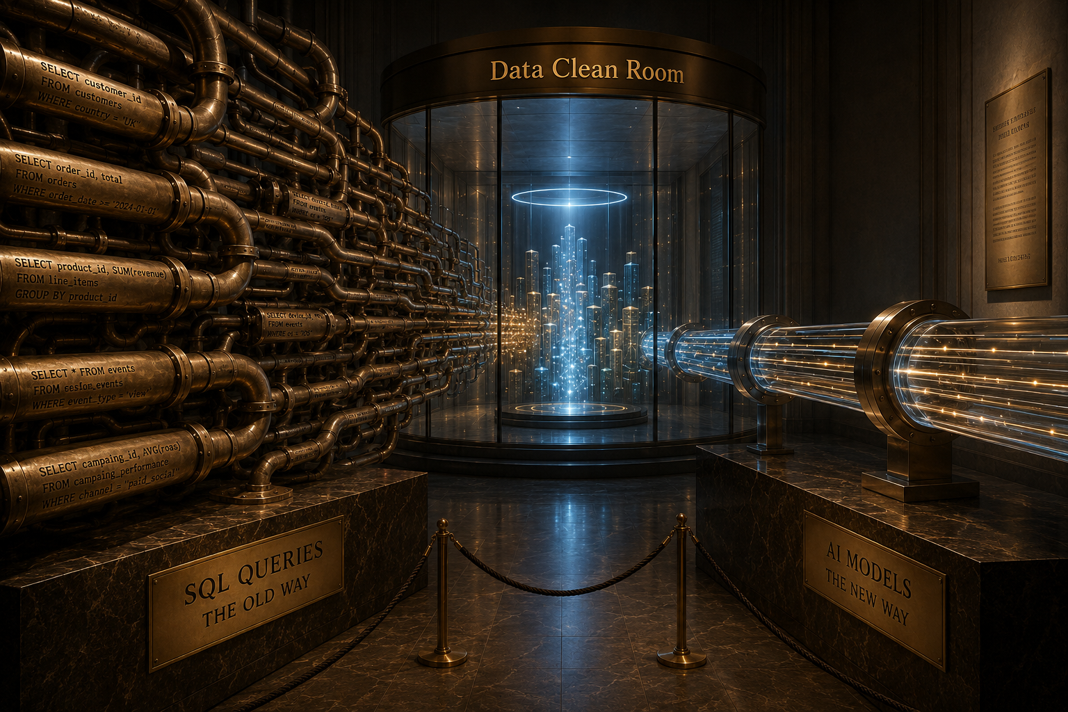 A central glass chamber labelled "Data Clean Room", flanked by two contrasting interfaces: on the left, brass pipes engraved with SQL queries on a plinth reading "SQL queries, the old way"; on the right, glowing fibre-optic tubes on a plinth reading "AI models, the new way"
