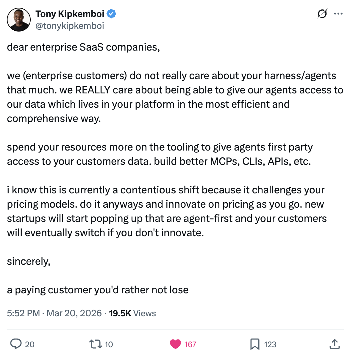 Tony Kipkemboi tweet on enterprise SaaS and agent-first tooling